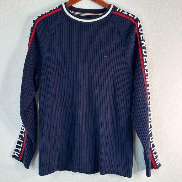 Tommy Hilfiger Mens Denim Ribbed Knit Crewneck Sweater Small Unisex Streetwear - Picture 1 of 10